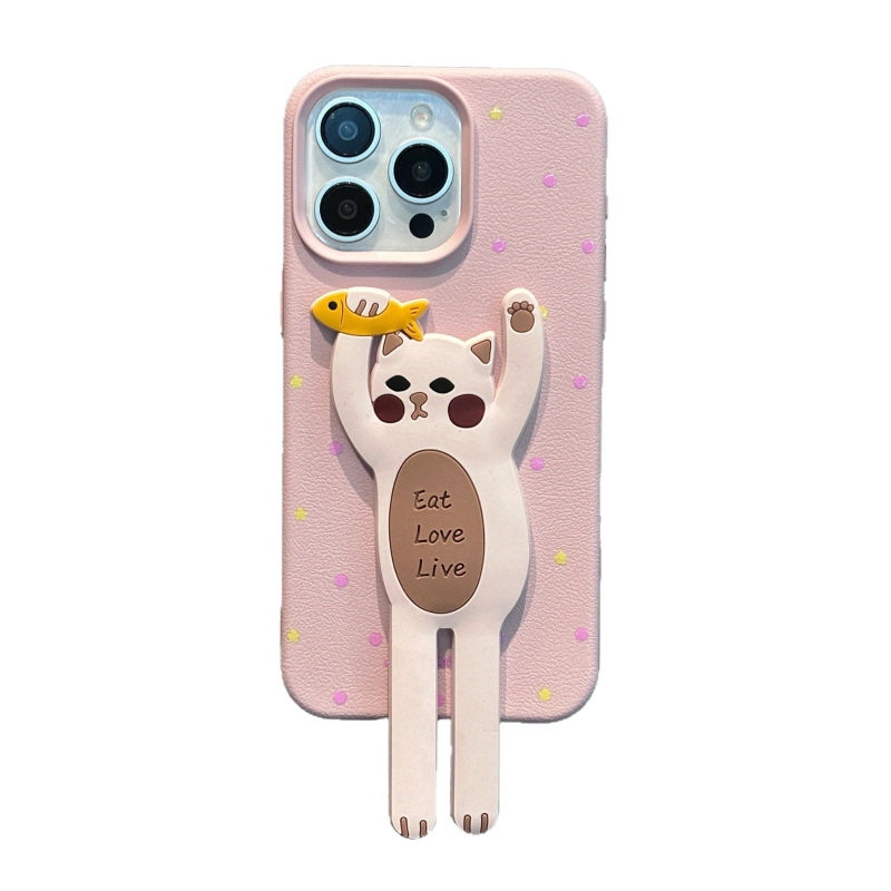 Husă de telefon cu suport în formă de pisică pentru iPhone – Piele, Confecție manuală, Personalizabil, Protecție împotriva căderilor