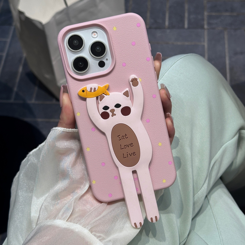 Husă de telefon cu suport în formă de pisică pentru iPhone – Piele, Confecție manuală, Personalizabil, Protecție împotriva căderilor