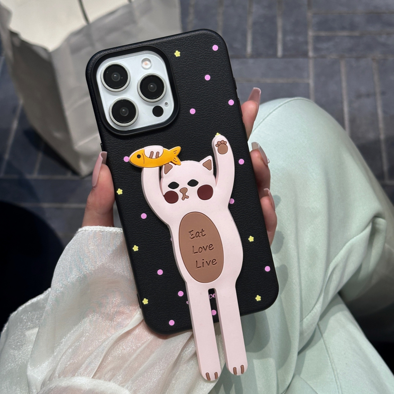 Husă de telefon cu suport în formă de pisică pentru iPhone – Piele, Confecție manuală, Personalizabil, Protecție împotriva căderilor