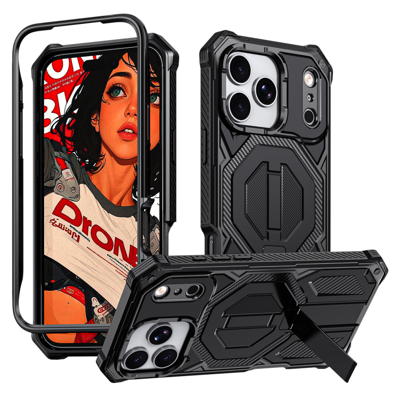 iPhone 15–17 sorozathoz készült háromvédelmes tok mágneses állvánnyal, ütésálló és leesésálló, PC injekciós öntés