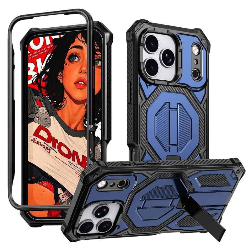 iPhone 15–17 sorozathoz készült háromvédelmes tok mágneses állvánnyal, ütésálló és leesésálló, PC injekciós öntés