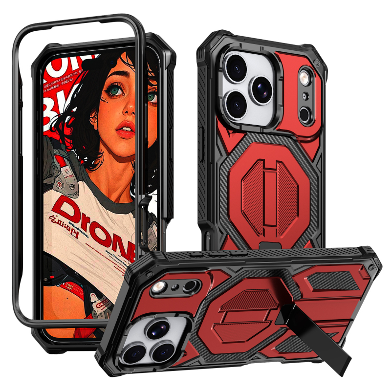 iPhone 15–17 sorozathoz készült háromvédelmes tok mágneses állvánnyal, ütésálló és leesésálló, PC injekciós öntés