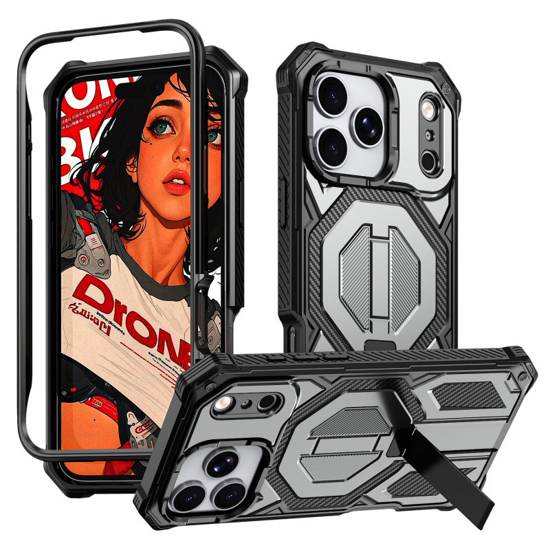 iPhone 15–17 sorozathoz készült háromvédelmes tok mágneses állvánnyal, ütésálló és leesésálló, PC injekciós öntés