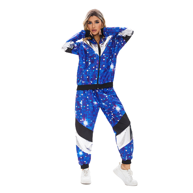 Costum unisex pentru Halloween: set jachetă și pantaloni în stil disco hip-hop din anii 80, ținută de scenă pentru dans, poliester, primăvara 2024, potrivit vârstei 25–29
