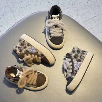 Pantofi sport pentru copii cu talpă groasă, versiune coreeană, din piele pe partea superioară, fermoar lateral, branț din blană artificială