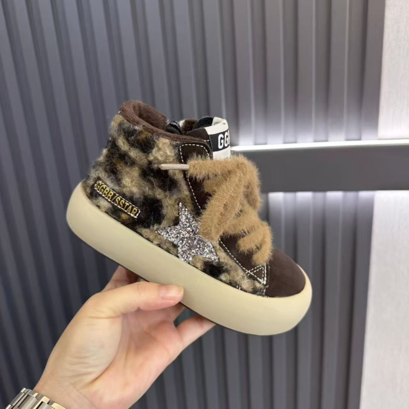 Pantofi sport pentru copii cu talpă groasă, versiune coreeană, din piele pe partea superioară, fermoar lateral, branț din blană artificială