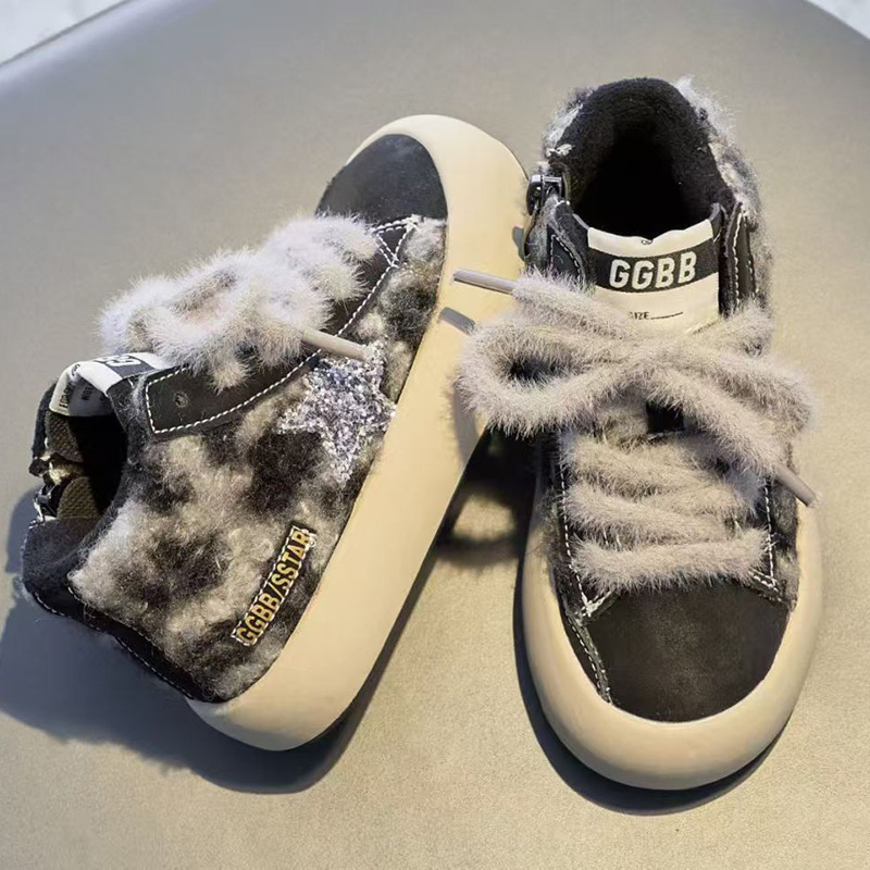 Pantofi sport pentru copii cu talpă groasă, versiune coreeană, din piele pe partea superioară, fermoar lateral, branț din blană artificială