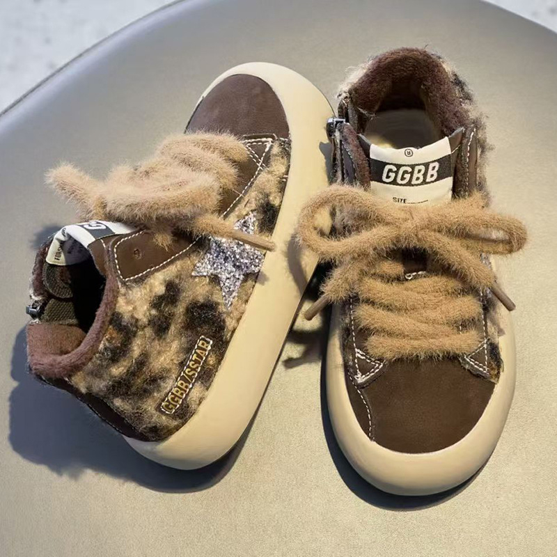 Pantofi sport pentru copii cu talpă groasă, versiune coreeană, din piele pe partea superioară, fermoar lateral, branț din blană artificială