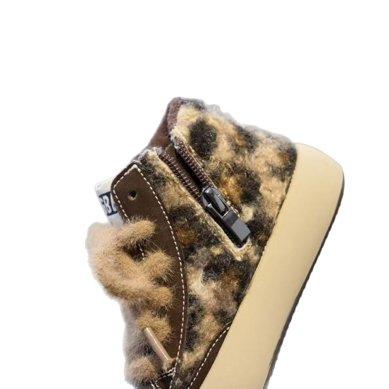 Pantofi sport pentru copii cu talpă groasă, versiune coreeană, din piele pe partea superioară, fermoar lateral, branț din blană artificială