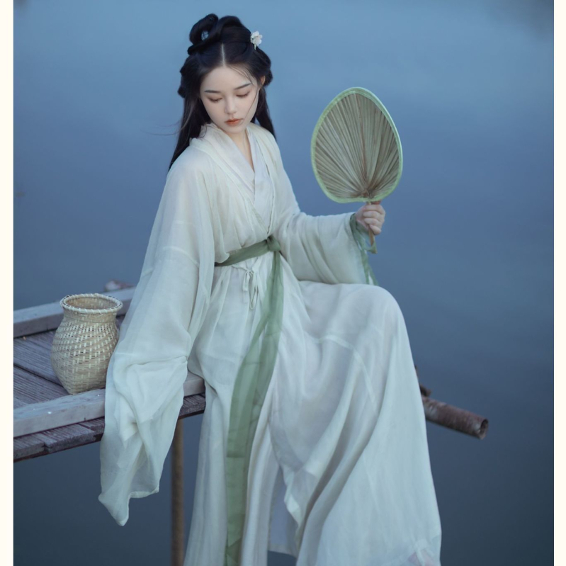 Set Hanfu unisex — stil Wei-Jin, guler încrucișat, țesătură plasă poliesterică, vară 2024
