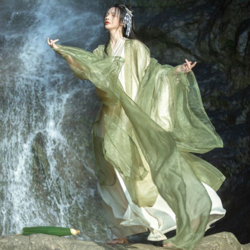 Set Hanfu unisex — stil Wei-Jin, guler încrucișat, țesătură plasă poliesterică, vară 2024