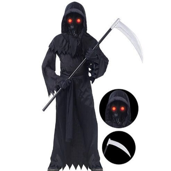 Dječji Halloween cosplay kostim: Grim Reaper kostim sa svjetlećim naočalama za scenske nastupe (poliesterska tkanina s elastanom; 95% poliester; uzrast do 17 godina)