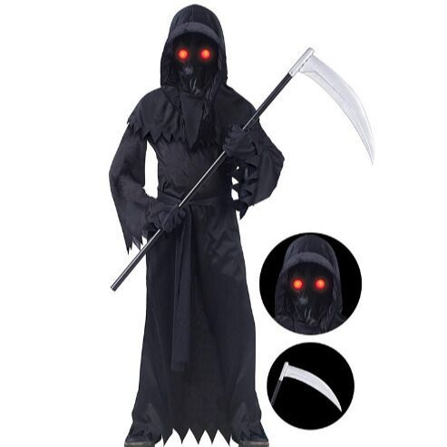 Dječji Halloween cosplay kostim: Grim Reaper kostim sa svjetlećim naočalama za scenske nastupe (poliesterska tkanina s elastanom; 95% poliester; uzrast do 17 godina)