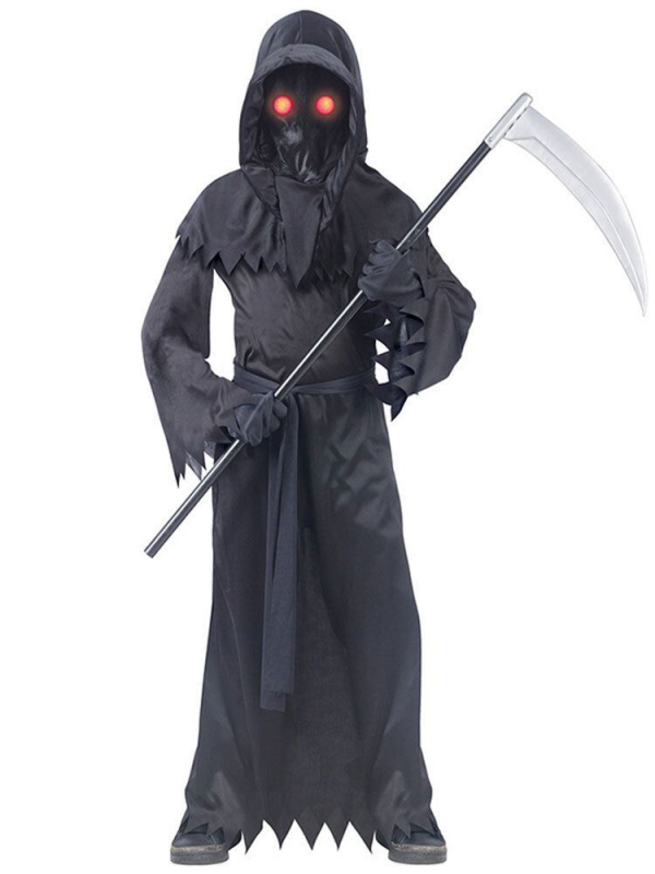 Dječji Halloween cosplay kostim: Grim Reaper kostim sa svjetlećim naočalama za scenske nastupe (poliesterska tkanina s elastanom; 95% poliester; uzrast do 17 godina)