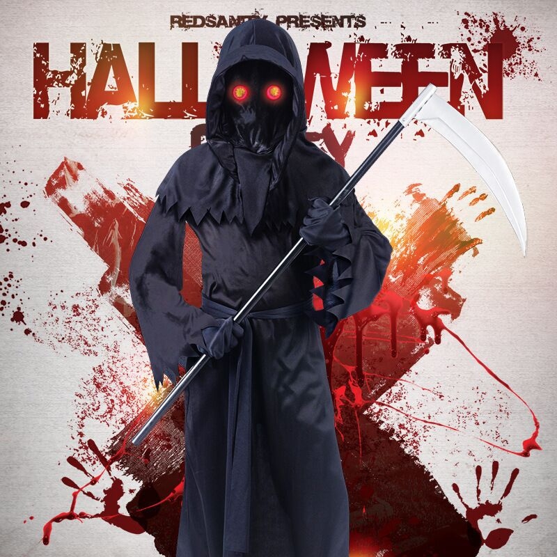 Dječji Halloween cosplay kostim: Grim Reaper kostim sa svjetlećim naočalama za scenske nastupe (poliesterska tkanina s elastanom; 95% poliester; uzrast do 17 godina)