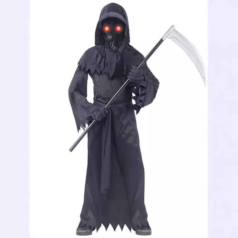 Dječji Halloween cosplay kostim: Grim Reaper kostim sa svjetlećim naočalama za scenske nastupe (poliesterska tkanina s elastanom; 95% poliester; uzrast do 17 godina)