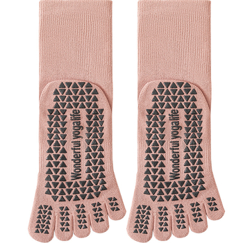 Ötujjú jóga zokni, csúszásmentes, nőknek, középmagas cső, 85% pamut, 3% spandex, 10% poliészter, 2% elasztán