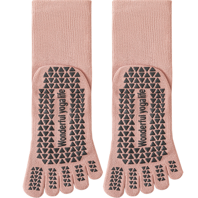 Ötujjú jóga zokni, csúszásmentes, nőknek, középmagas cső, 85% pamut, 3% spandex, 10% poliészter, 2% elasztán