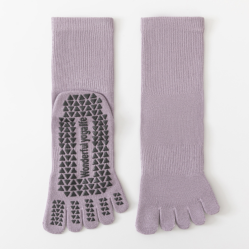 Ötujjú jóga zokni, csúszásmentes, nőknek, középmagas cső, 85% pamut, 3% spandex, 10% poliészter, 2% elasztán