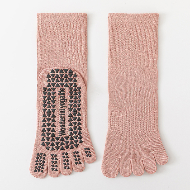 Ötujjú jóga zokni, csúszásmentes, nőknek, középmagas cső, 85% pamut, 3% spandex, 10% poliészter, 2% elasztán