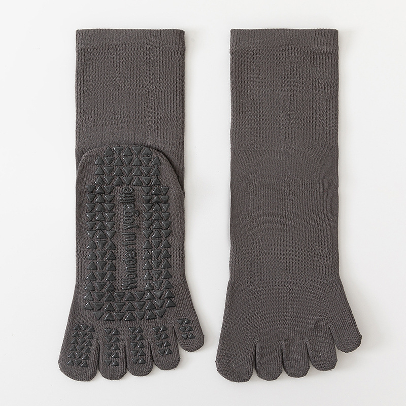 Ötujjú jóga zokni, csúszásmentes, nőknek, középmagas cső, 85% pamut, 3% spandex, 10% poliészter, 2% elasztán