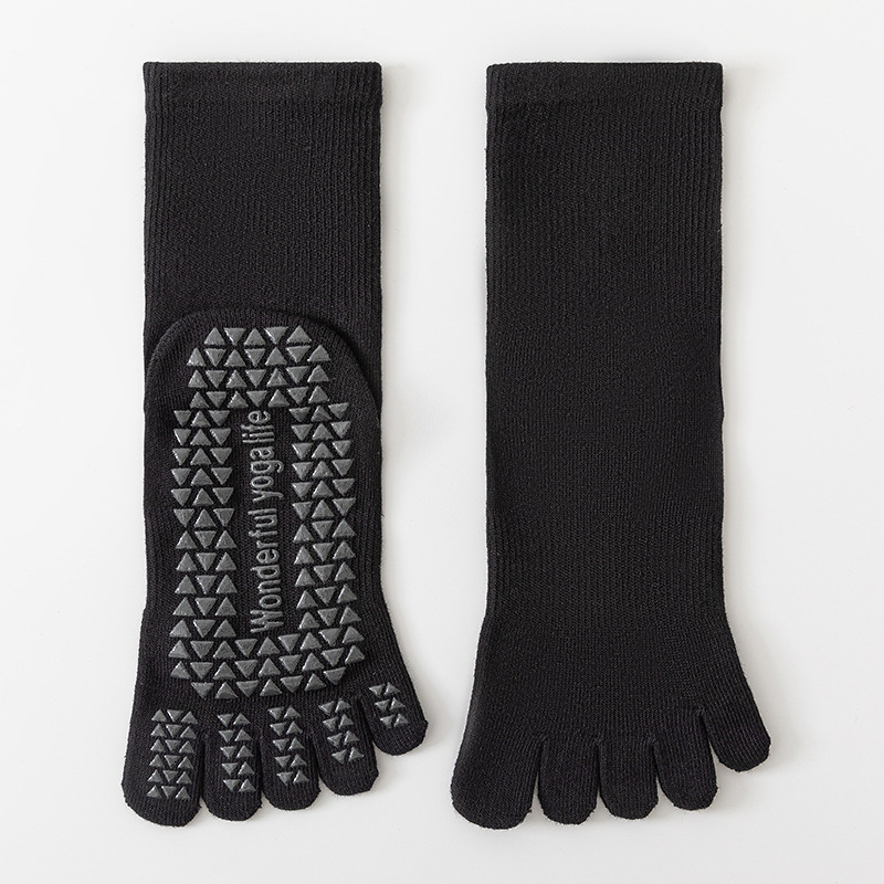 Ötujjú jóga zokni, csúszásmentes, nőknek, középmagas cső, 85% pamut, 3% spandex, 10% poliészter, 2% elasztán