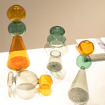 Vază din sticlă cu două straturi, design geometric, decor transparent pentru birou, semi-artizanal, stil modern de artă