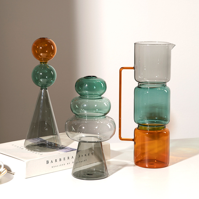 Vază din sticlă cu două straturi, design geometric, decor transparent pentru birou, semi-artizanal, stil modern de artă