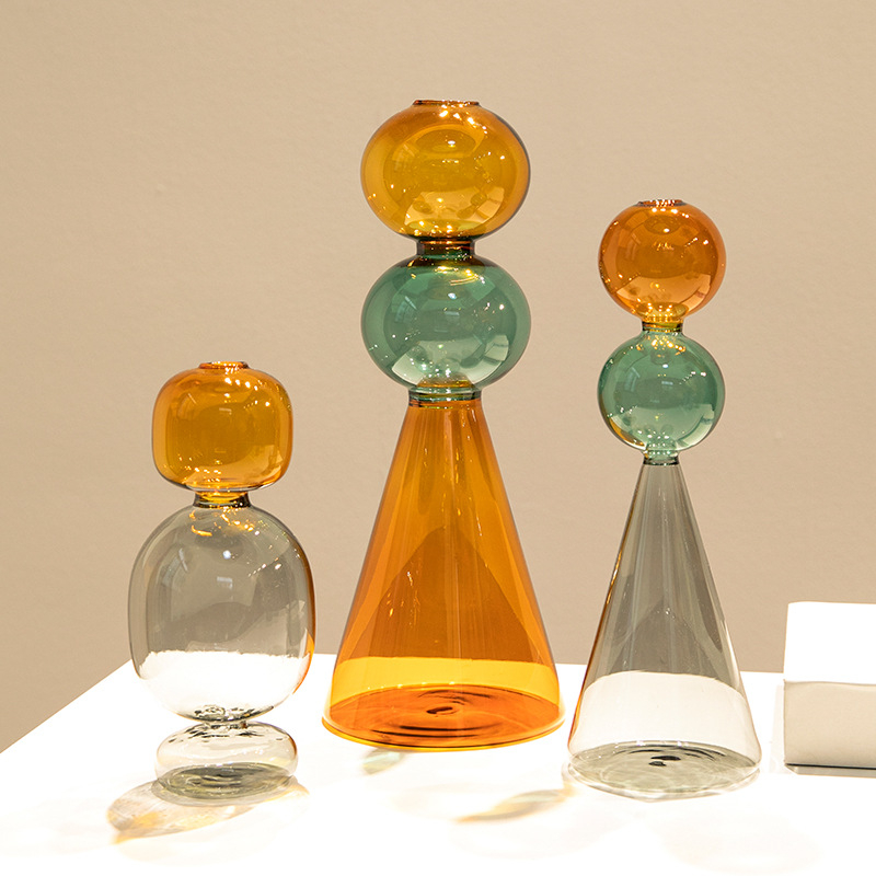 Vază din sticlă cu două straturi, design geometric, decor transparent pentru birou, semi-artizanal, stil modern de artă