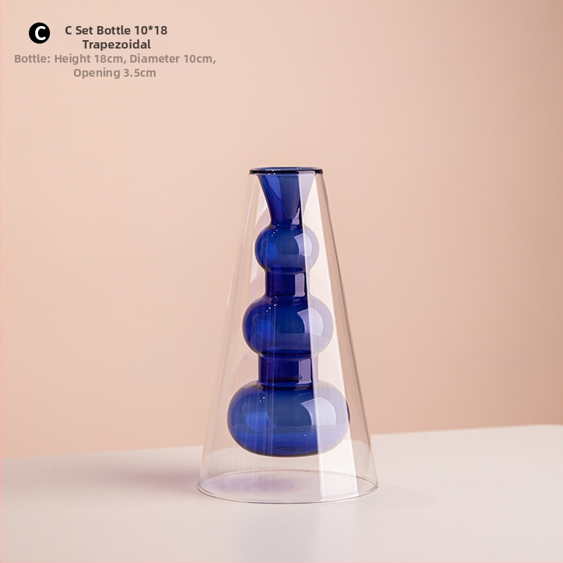 Vază din sticlă cu două straturi, design geometric, decor transparent pentru birou, semi-artizanal, stil modern de artă