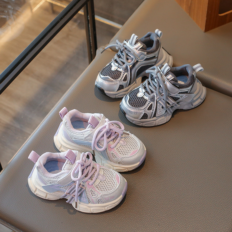 Gyerek sportcipő – PU+ háló felsőrész, csíkos minta, könnyű, Velcro zárás, gumírozott talp, légáteresztő