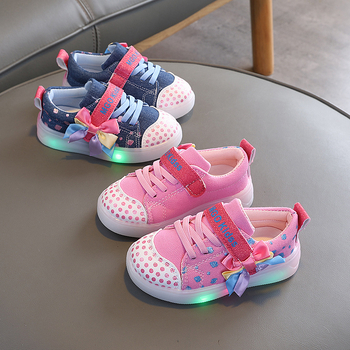 Pantofi luminoși pentru fete, cu Velcro, croială joasă, model polka dot, partea superioară din țesătură