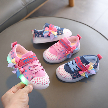 Pantofi luminoși pentru fete, cu Velcro, croială joasă, model polka dot, partea superioară din țesătură