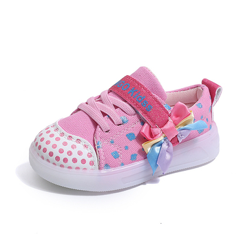 Pantofi luminoși pentru fete, cu Velcro, croială joasă, model polka dot, partea superioară din țesătură