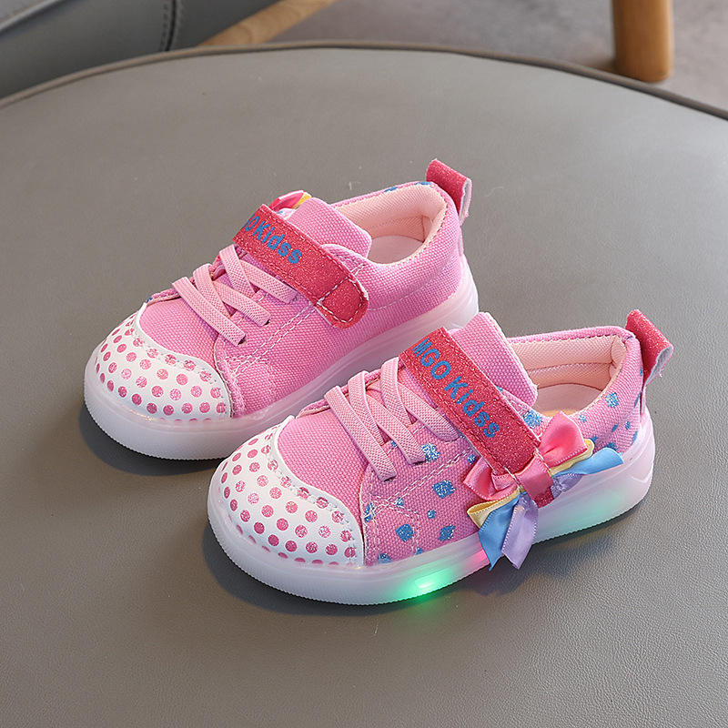 Pantofi luminoși pentru fete, cu Velcro, croială joasă, model polka dot, partea superioară din țesătură