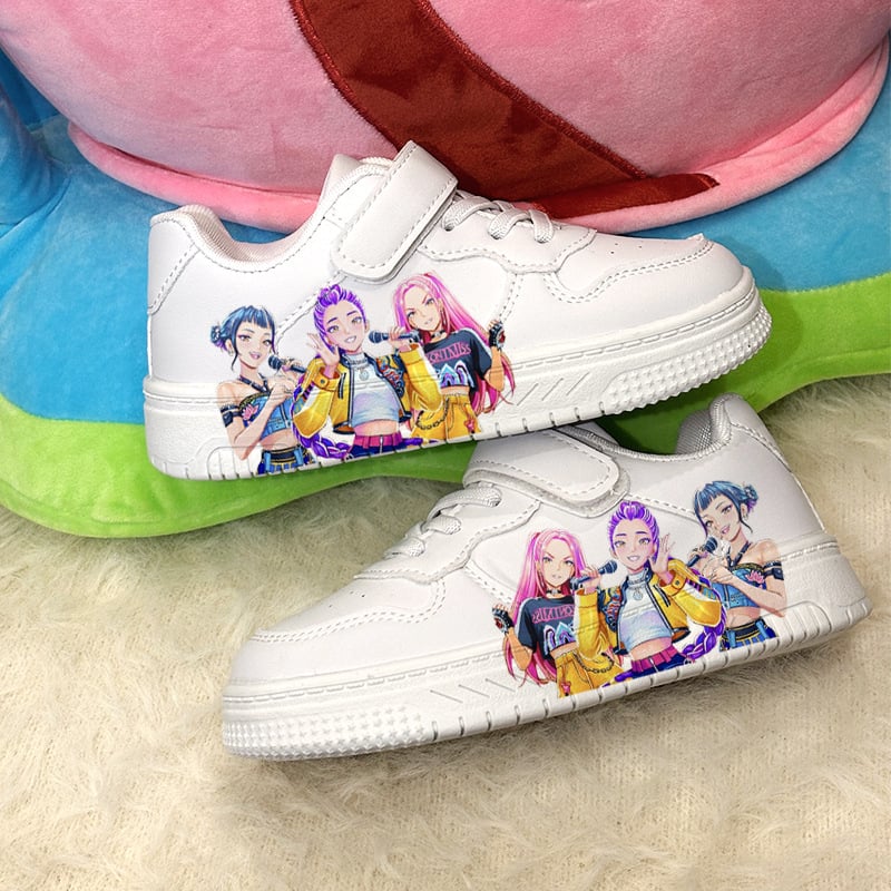 Детски бели обувки с UV печат — серия Три сестри, карикатурен принт, горна част от изкуствена кожа, закопчаване с велкро, нисък профил, подметка от TPR