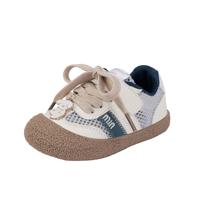 Gyerekeknek készült mesh felső részű sportcipő Velcro-zárral, alacsony talpú, koreai stílusú, hímzett karikatúra mintával, lélegző, 1-6 éveseknek