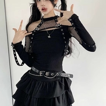 Set de costum de dans cu top din plasă, în stil Y2K/K-Pop pentru dans folk (Chenille; Spandex; conținutul principal al țesăturii 90–95%; Unisex)