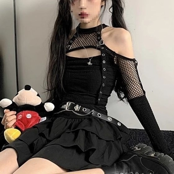 Set de costum de dans cu top din plasă, în stil Y2K/K-Pop pentru dans folk (Chenille; Spandex; conținutul principal al țesăturii 90–95%; Unisex)