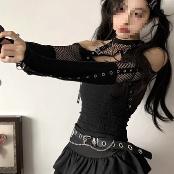 Set de costum de dans cu top din plasă, în stil Y2K/K-Pop pentru dans folk (Chenille; Spandex; conținutul principal al țesăturii 90–95%; Unisex)