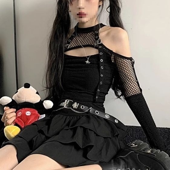 Set de costum de dans cu top din plasă, în stil Y2K/K-Pop pentru dans folk (Chenille; Spandex; conținutul principal al țesăturii 90–95%; Unisex)