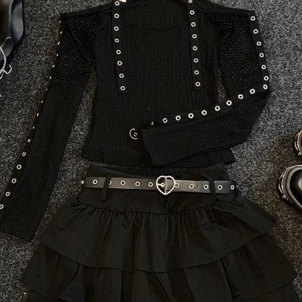 Set de costum de dans cu top din plasă, în stil Y2K/K-Pop pentru dans folk (Chenille; Spandex; conținutul principal al țesăturii 90–95%; Unisex)