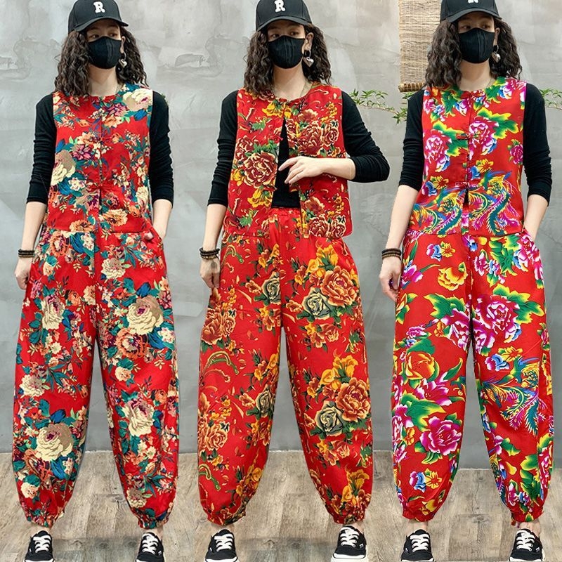 Set etno stila s velikim cvijećem iz sjeveroistočnog područja za ples na trgu i bubnjanje – Unisex kostim za izvedbu, tkanina Plain Cloth, proljeće 2025, model 1897262489, branda Xiaomei