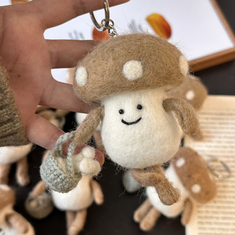 Gomba alakú filc medál, kézzel készített, dísz a táskára és kulcstartó, rajzfilmszerű stílus, tél 2025