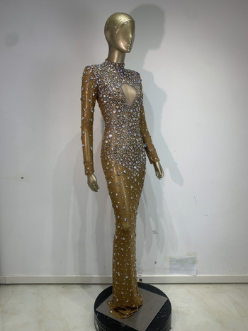 SWTAO Haljina za pozornicu: Sexy mrežasta prozirna haljina sa kristalima, duga večernja haljina, Spandex 60% glavni materijal, podstava 100%, proljeće 2024