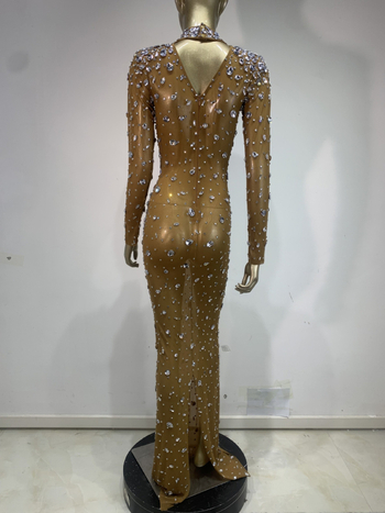SWTAO Haljina za pozornicu: Sexy mrežasta prozirna haljina sa kristalima, duga večernja haljina, Spandex 60% glavni materijal, podstava 100%, proljeće 2024