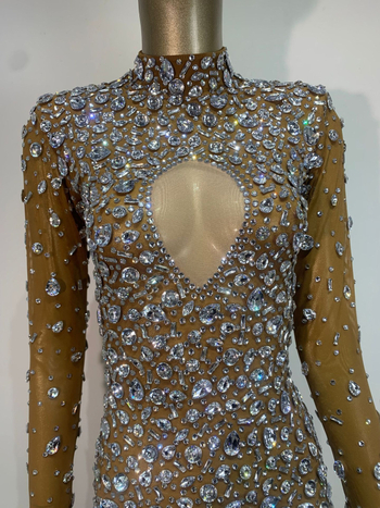SWTAO Haljina za pozornicu: Sexy mrežasta prozirna haljina sa kristalima, duga večernja haljina, Spandex 60% glavni materijal, podstava 100%, proljeće 2024