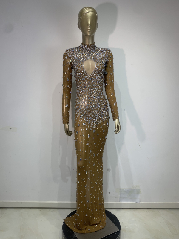 SWTAO Haljina za pozornicu: Sexy mrežasta prozirna haljina sa kristalima, duga večernja haljina, Spandex 60% glavni materijal, podstava 100%, proljeće 2024