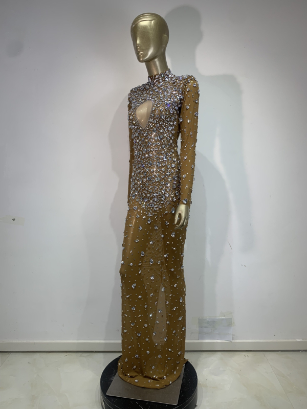 SWTAO Haljina za pozornicu: Sexy mrežasta prozirna haljina sa kristalima, duga večernja haljina, Spandex 60% glavni materijal, podstava 100%, proljeće 2024