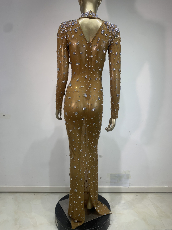 SWTAO Haljina za pozornicu: Sexy mrežasta prozirna haljina sa kristalima, duga večernja haljina, Spandex 60% glavni materijal, podstava 100%, proljeće 2024